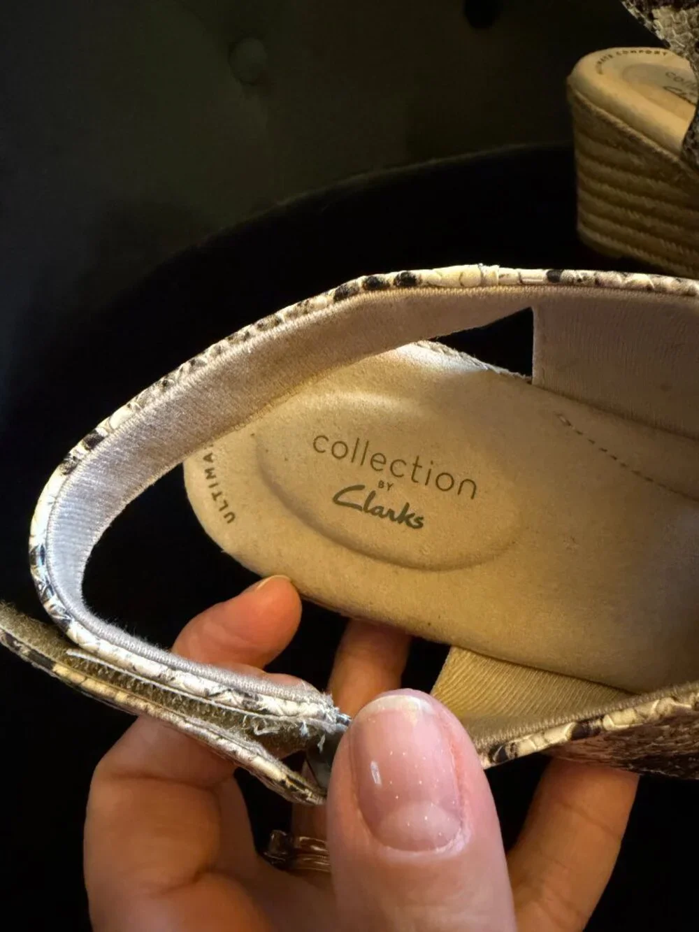 Clarks Lafley Aliane Wedge Taupe & Black Snake Print Veg Leather Sandal Sz 9 1/2